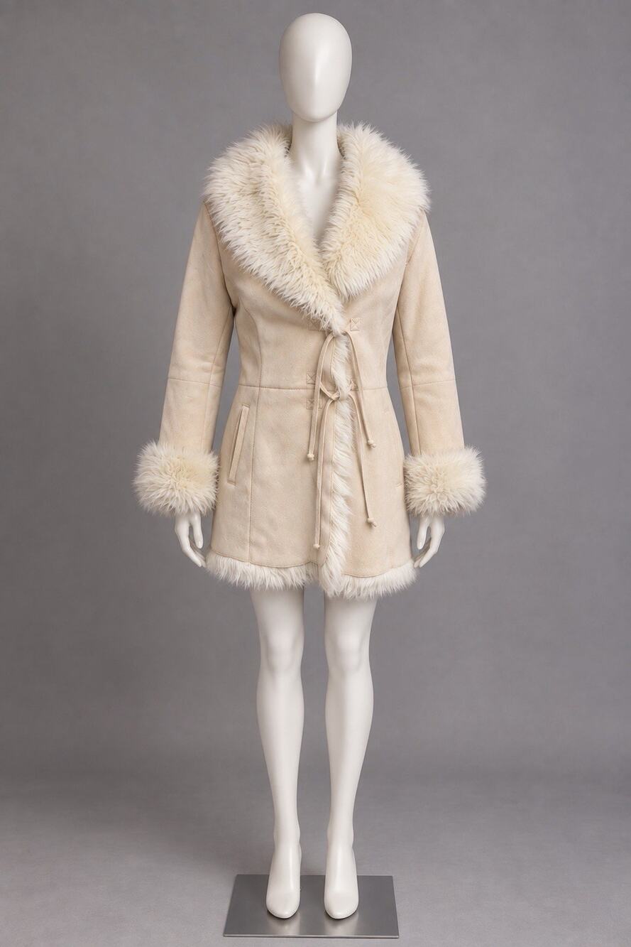 Jones New York Penny Lane Inspired Coat M Cream Faux Fur Tie Front Jacket